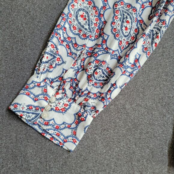 Talbots L Red White Blue Paisley Print Ruffle Long Sleeve Blouse 1533 - Picture 8 of 10